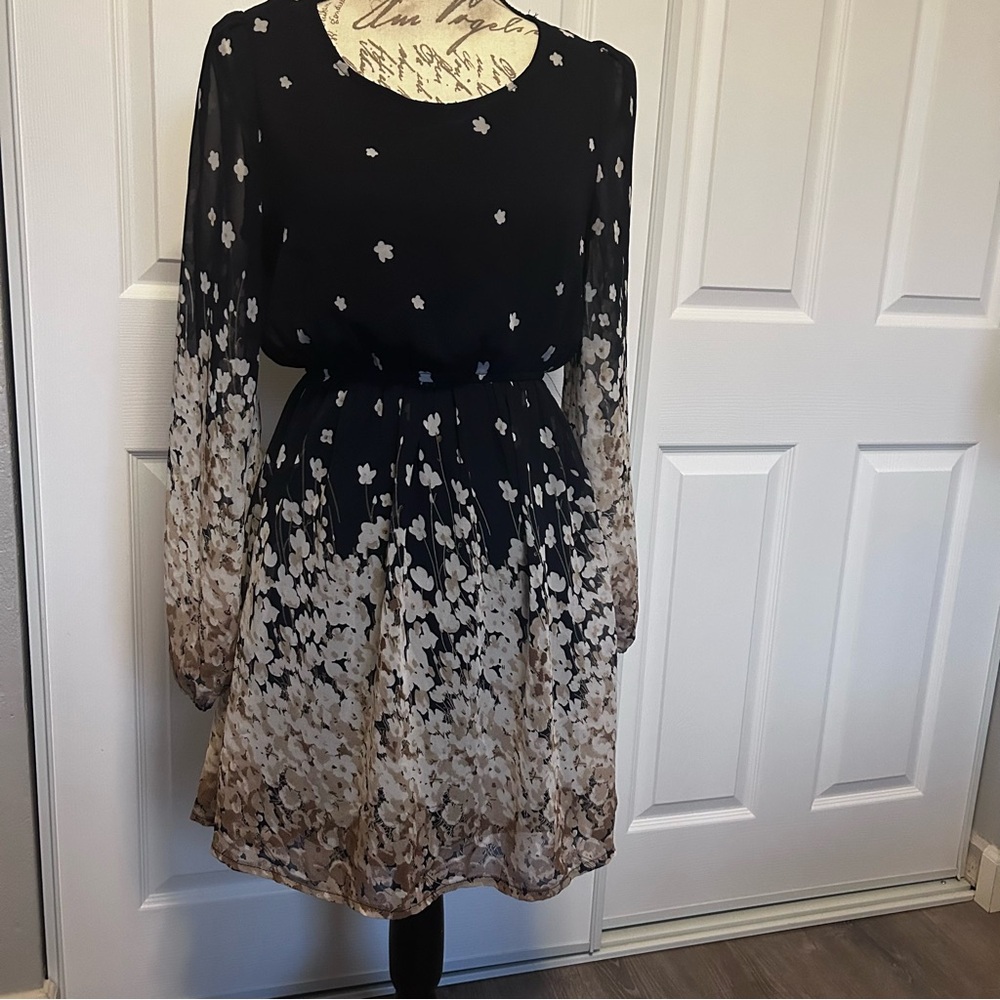 Navy, Cream& Tan Max C London Dress Sheer Sleeves Women’s 10 Work to Drinks